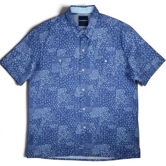 Tommy Bahama Other - Tommy Bahama Shirt Mens Large Blue Floral Patchwork Silk Cotton Short Sleeve L